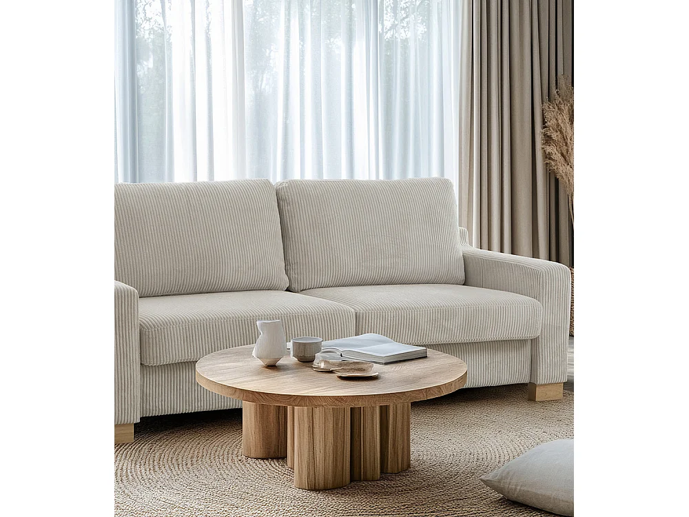 Sofá de 3 plazas de 85x188x78 cm de tela símil pana en color beige y patas de madera Luz