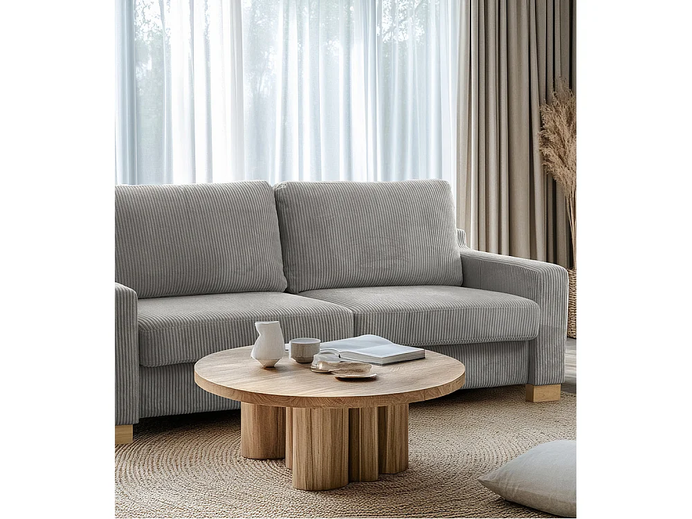 Sofá de 3 plazas de 85x188x78 cm de tela símil pana en color gris y patas de madera Luz