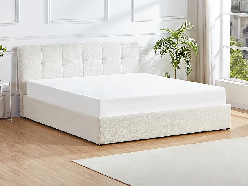 Lit coffre 180 x 200 cm - Tissu bouclette - Blanc - MAZIRI