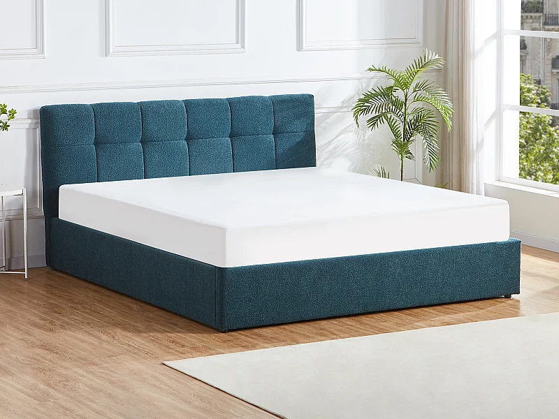 Lit coffre 180 x 200 cm - Tissu bouclette - Bleu canard - MAZIRI