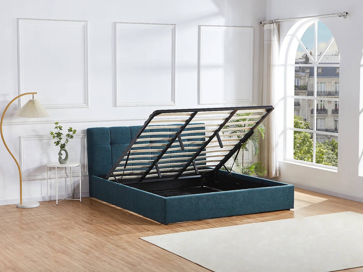 Bett mit Bettkasten - 180 x 200 cm - Bouclé-Stoff - Petrolblau - MAZIRI