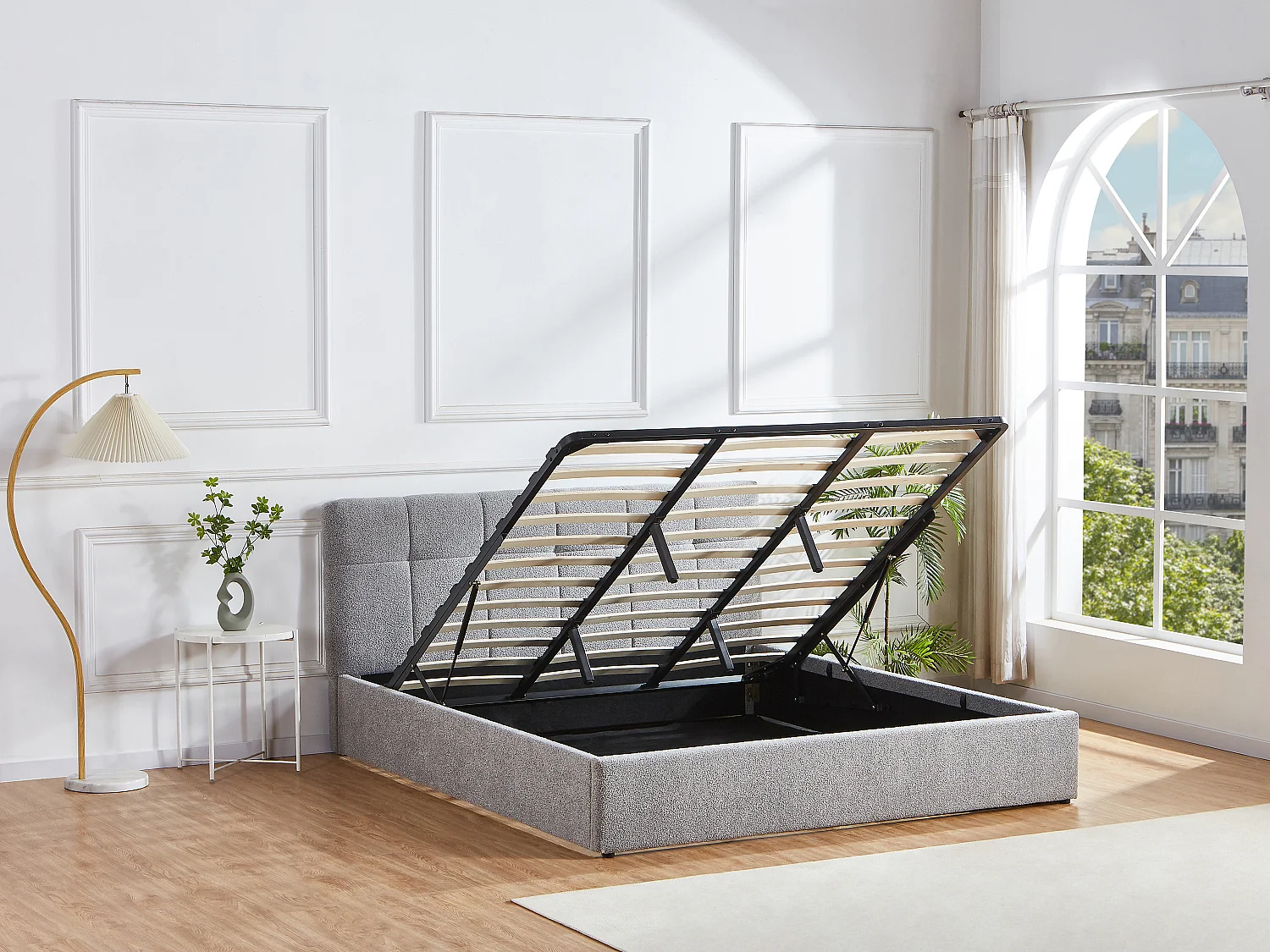 Lit coffre 180 x 200 cm - Tissu bouclette - Gris - MAZIRI