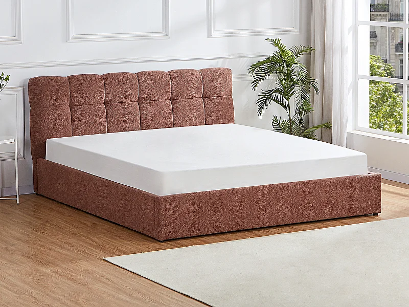 Letto con contenitore 180 x 200 cm - Tessuto bouclette Terracotta - MAZIRI