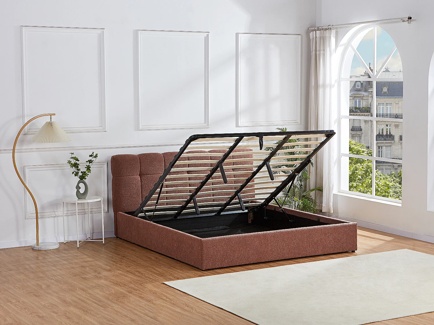 Lit coffre 180 x 200 cm - Tissu bouclette - Terracotta - MAZIRI