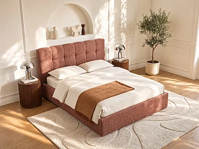 Lit coffre 180 x 200 cm - Tissu bouclette - Terracotta - MAZIRI