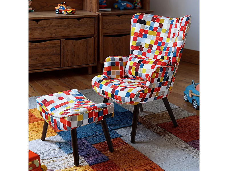 Fauteuil HomeMiYN avec Coussin et Tabouret - Chaise d'Angle Rustique pour le Salon