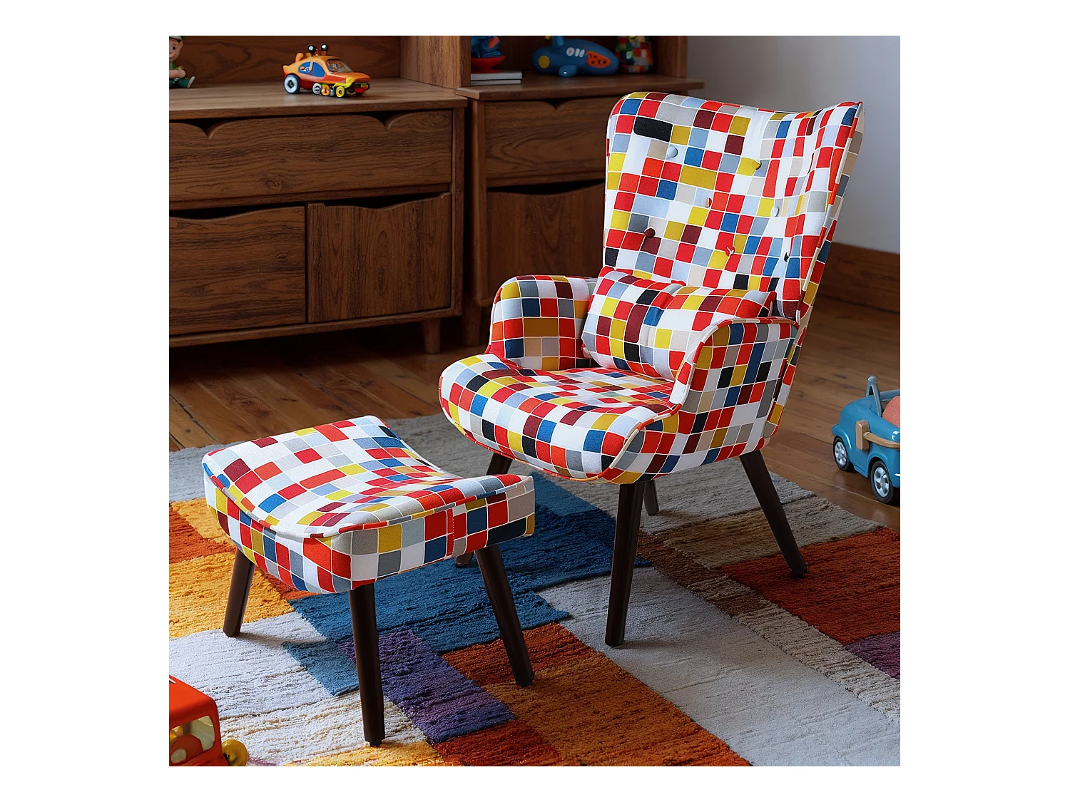 HomeMiYN Fauteuil met kussen en kruk - Rustieke hoekstoel voor de woonkamer