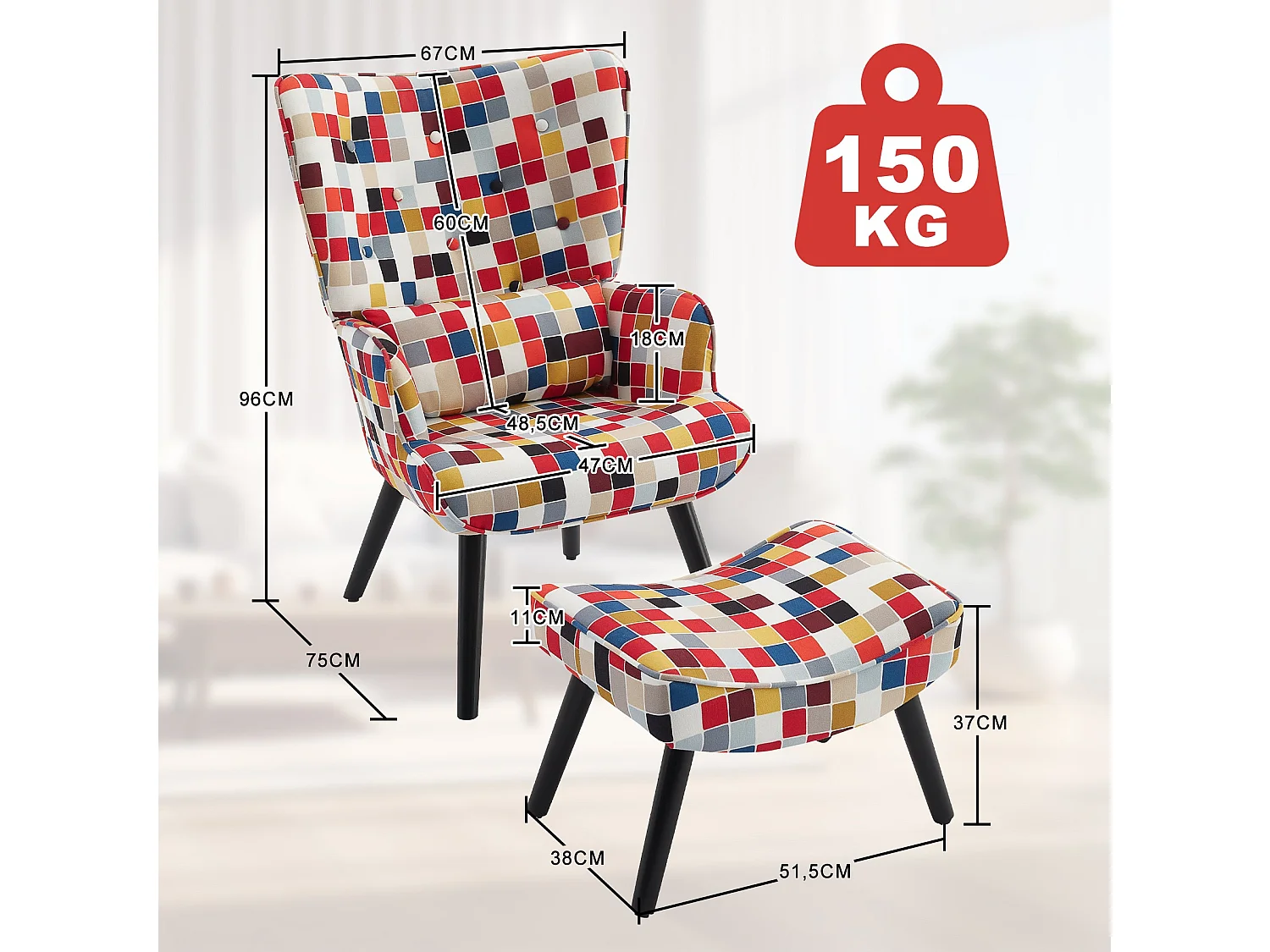 Fauteuil HomeMiYN avec Coussin et Tabouret - Chaise d'Angle Rustique pour le Salon