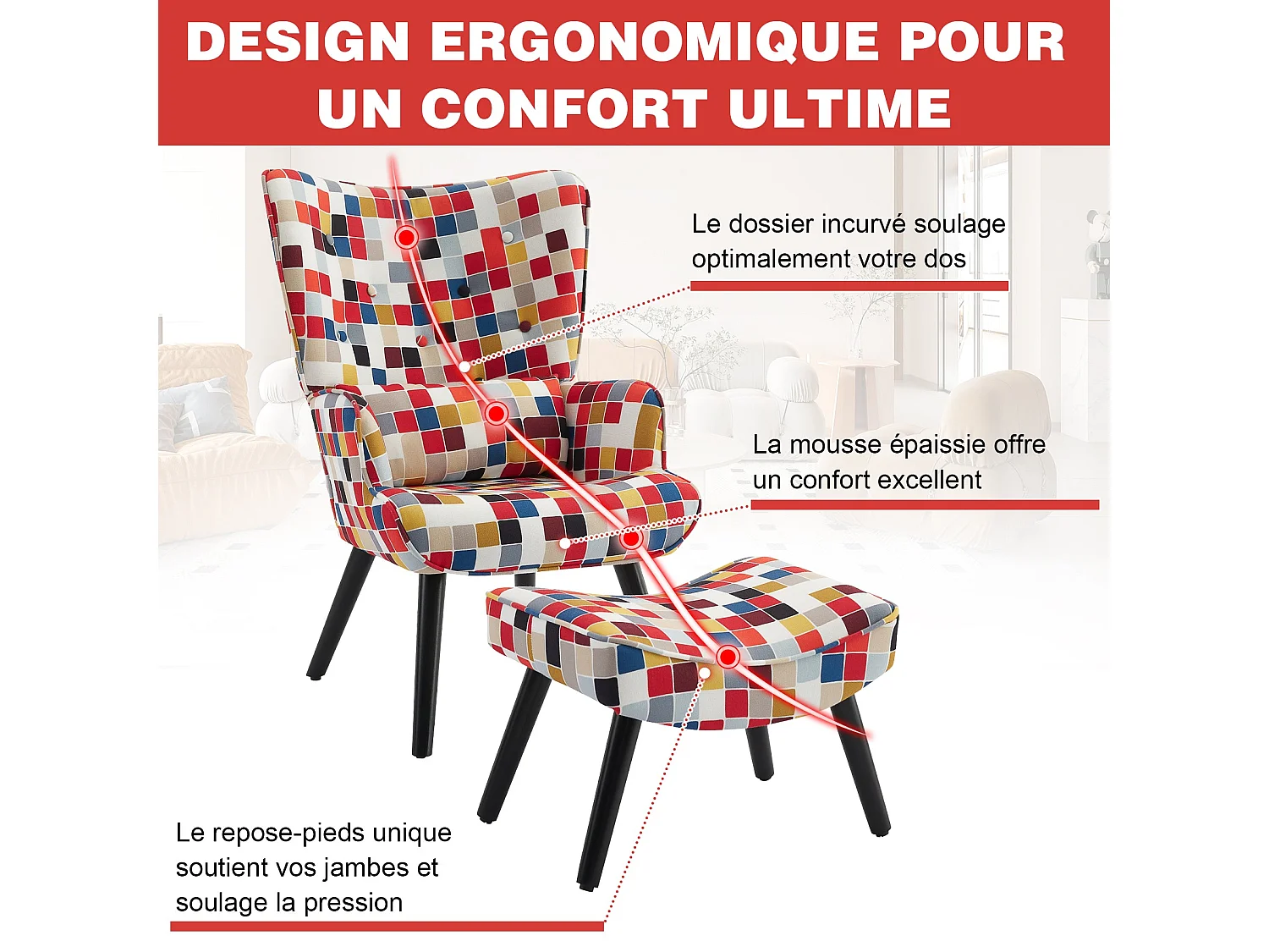 Fauteuil HomeMiYN avec Coussin et Tabouret - Chaise d'Angle Rustique pour le Salon