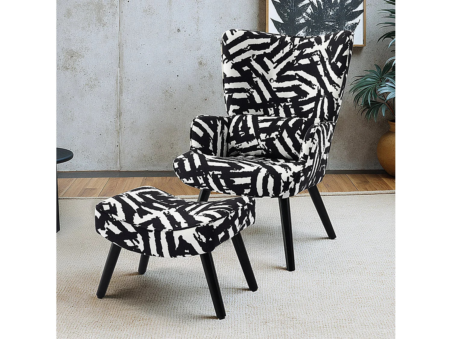 Fauteuil HomeMiYN avec Coussin et Tabouret - Chaise d'Angle Rustique pour le Salon