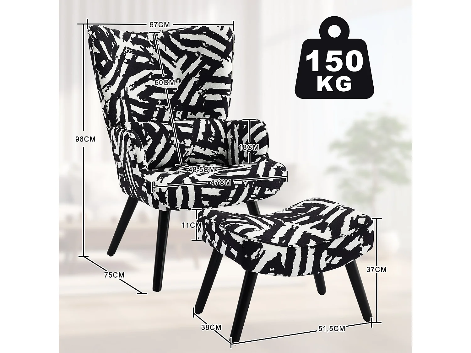 Fauteuil HomeMiYN avec Coussin et Tabouret - Chaise d'Angle Rustique pour le Salon