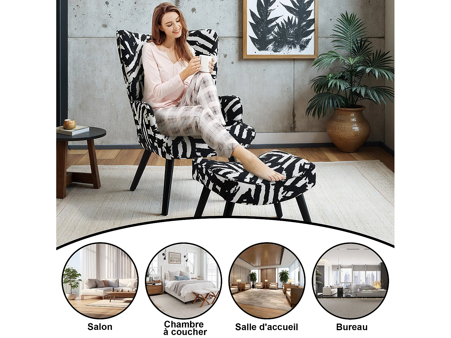 Fauteuil HomeMiYN avec Coussin et Tabouret - Chaise d'Angle Rustique pour le Salon