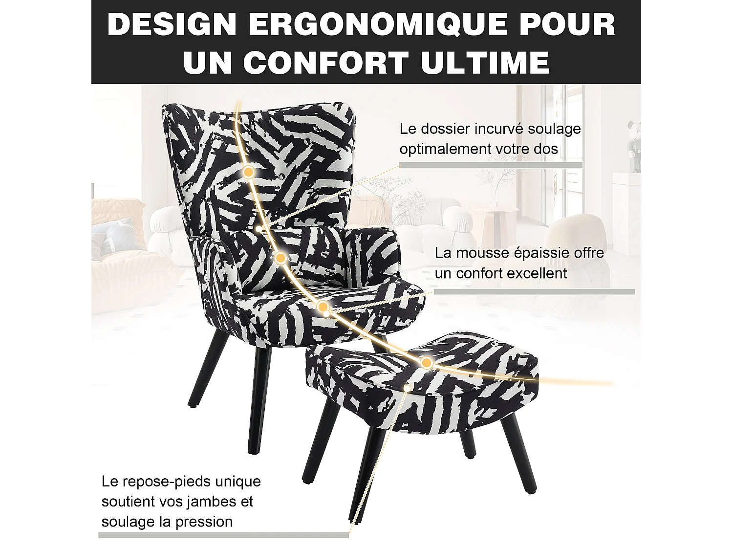 Fauteuil HomeMiYN avec Coussin et Tabouret - Chaise d'Angle Rustique pour le Salon