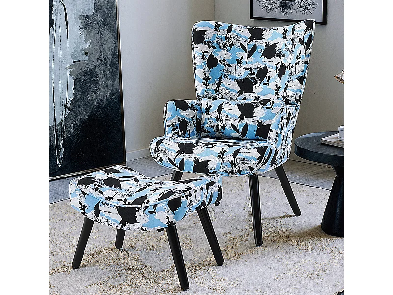 HomeMiYN Fauteuil met kussen en kruk - Rustieke hoekstoel voor de woonkamer