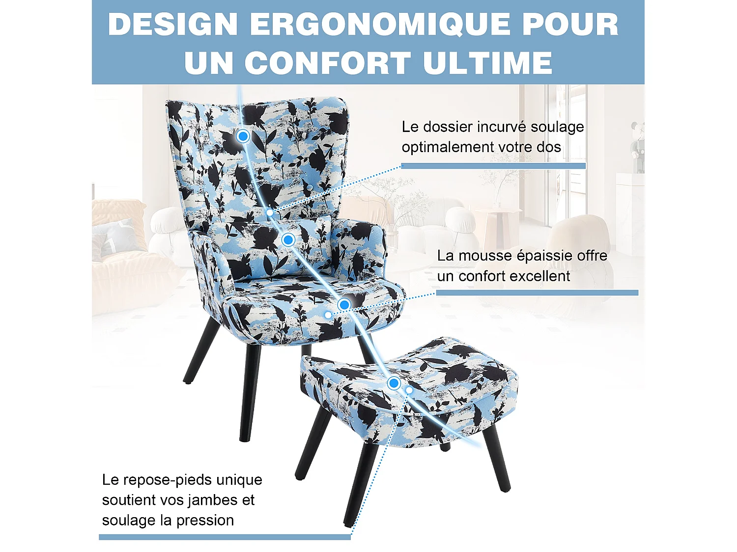 Fauteuil HomeMiYN avec Coussin et Tabouret - Chaise d'Angle Rustique pour le Salon