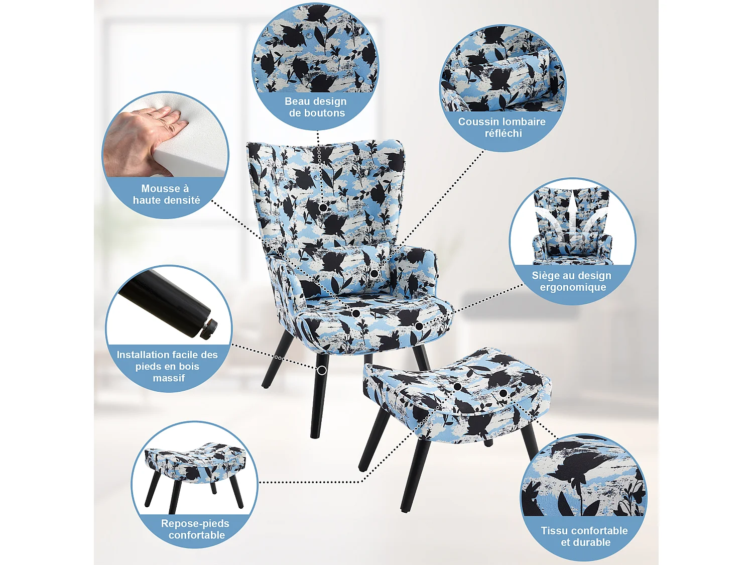 Fauteuil HomeMiYN avec Coussin et Tabouret - Chaise d'Angle Rustique pour le Salon