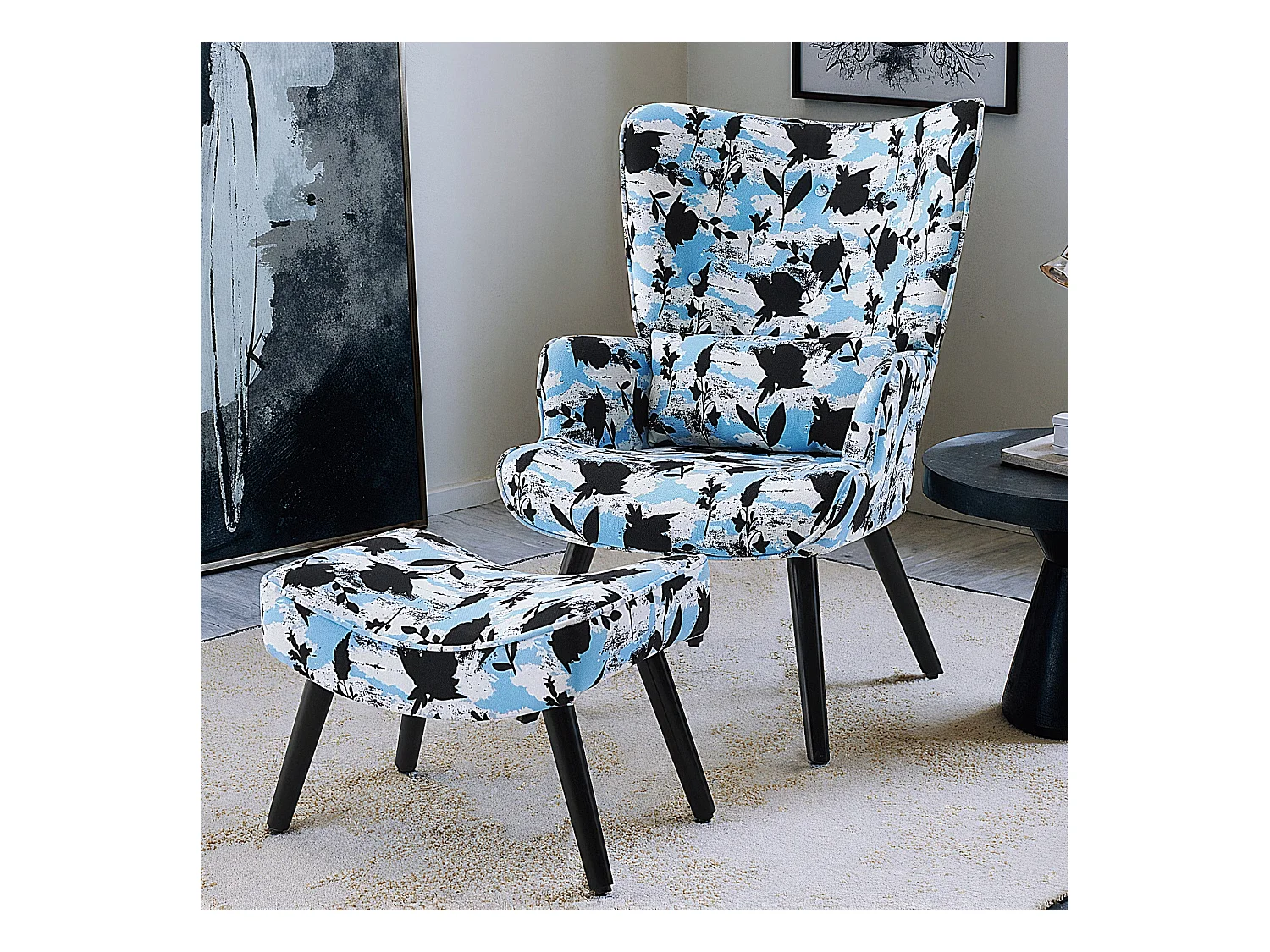 Fauteuil HomeMiYN avec Coussin et Tabouret - Chaise d'Angle Rustique pour le Salon