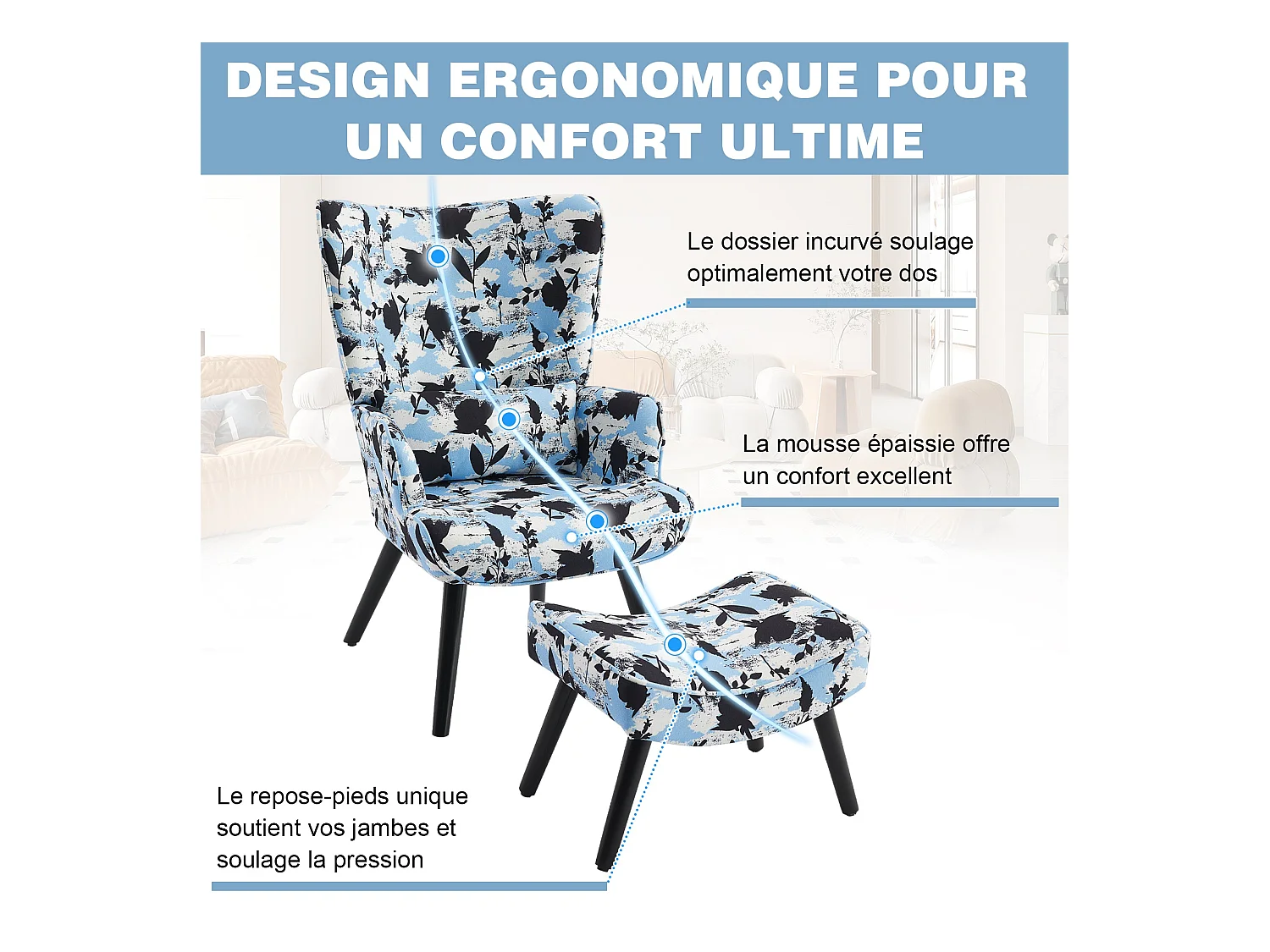 HomeMiYN Sillón con Cojín y Taburete - Silla Esquinera Rústica para Salón