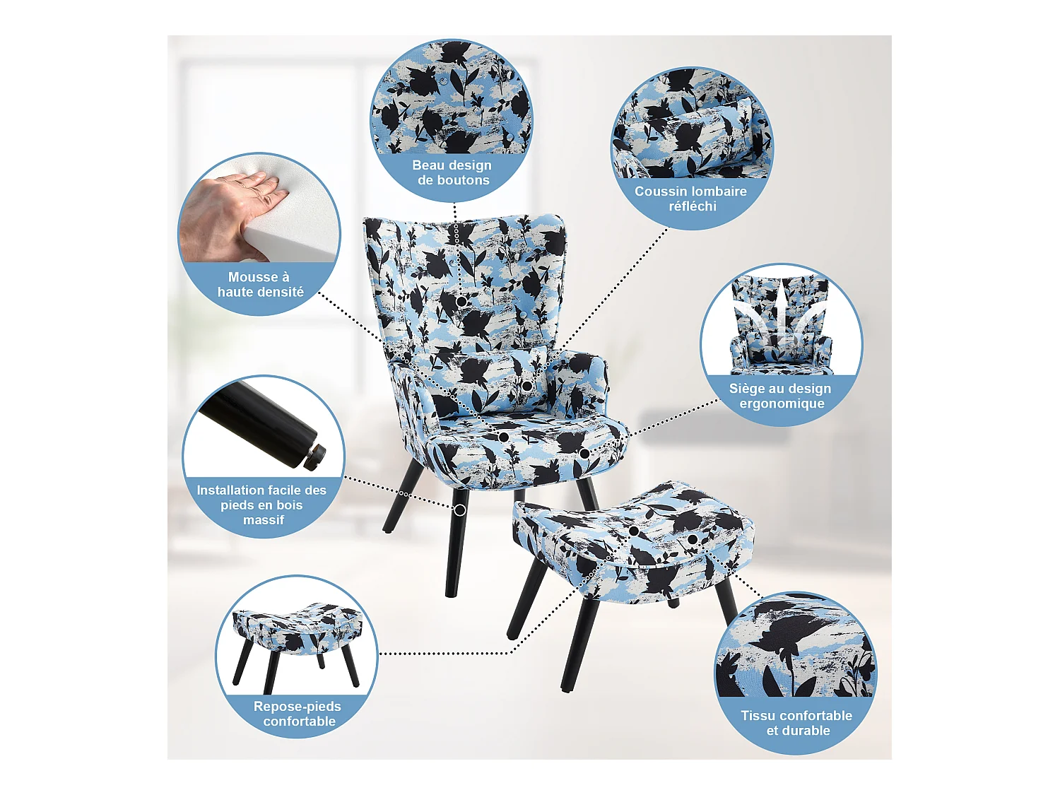 HomeMiYN Sillón con Cojín y Taburete - Silla Esquinera Rústica para Salón