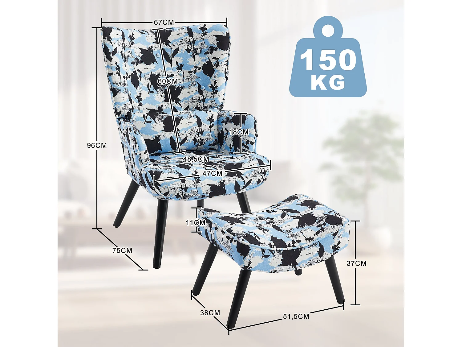 Fauteuil HomeMiYN avec Coussin et Tabouret - Chaise d'Angle Rustique pour le Salon