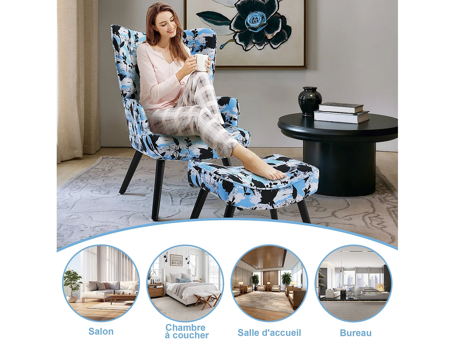 Fauteuil HomeMiYN avec Coussin et Tabouret - Chaise d'Angle Rustique pour le Salon