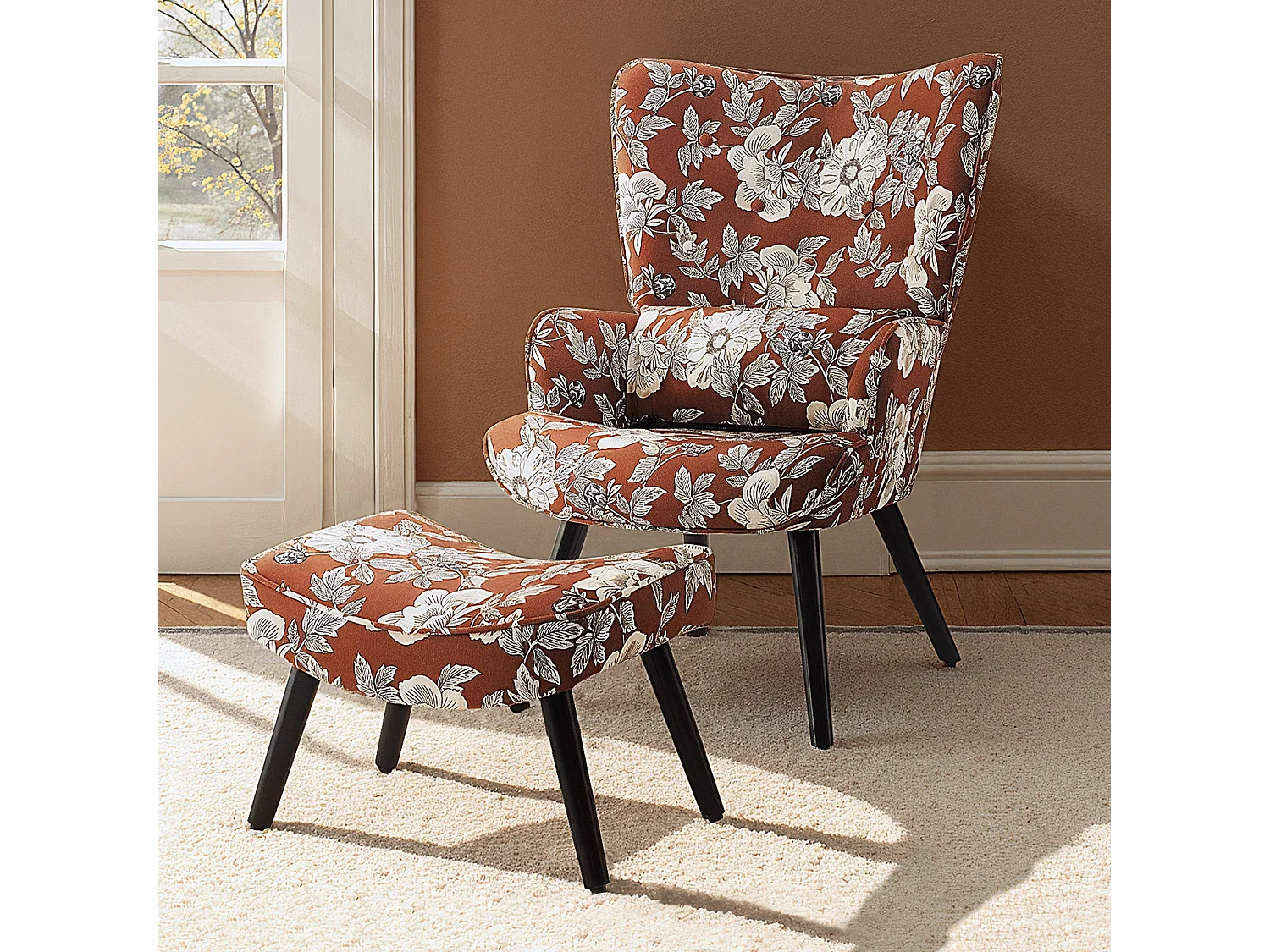 Fauteuil HomeMiYN avec Coussin et Tabouret - Chaise d'Angle Rustique pour le Salon