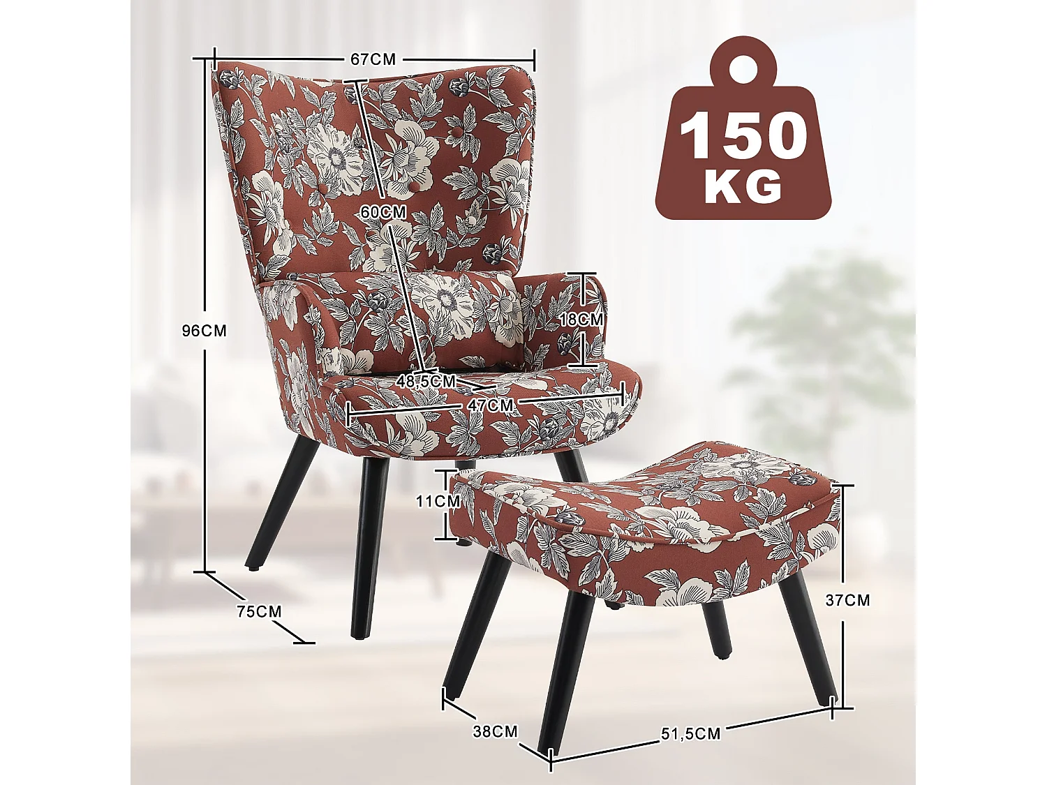 Fauteuil HomeMiYN avec Coussin et Tabouret - Chaise d'Angle Rustique pour le Salon