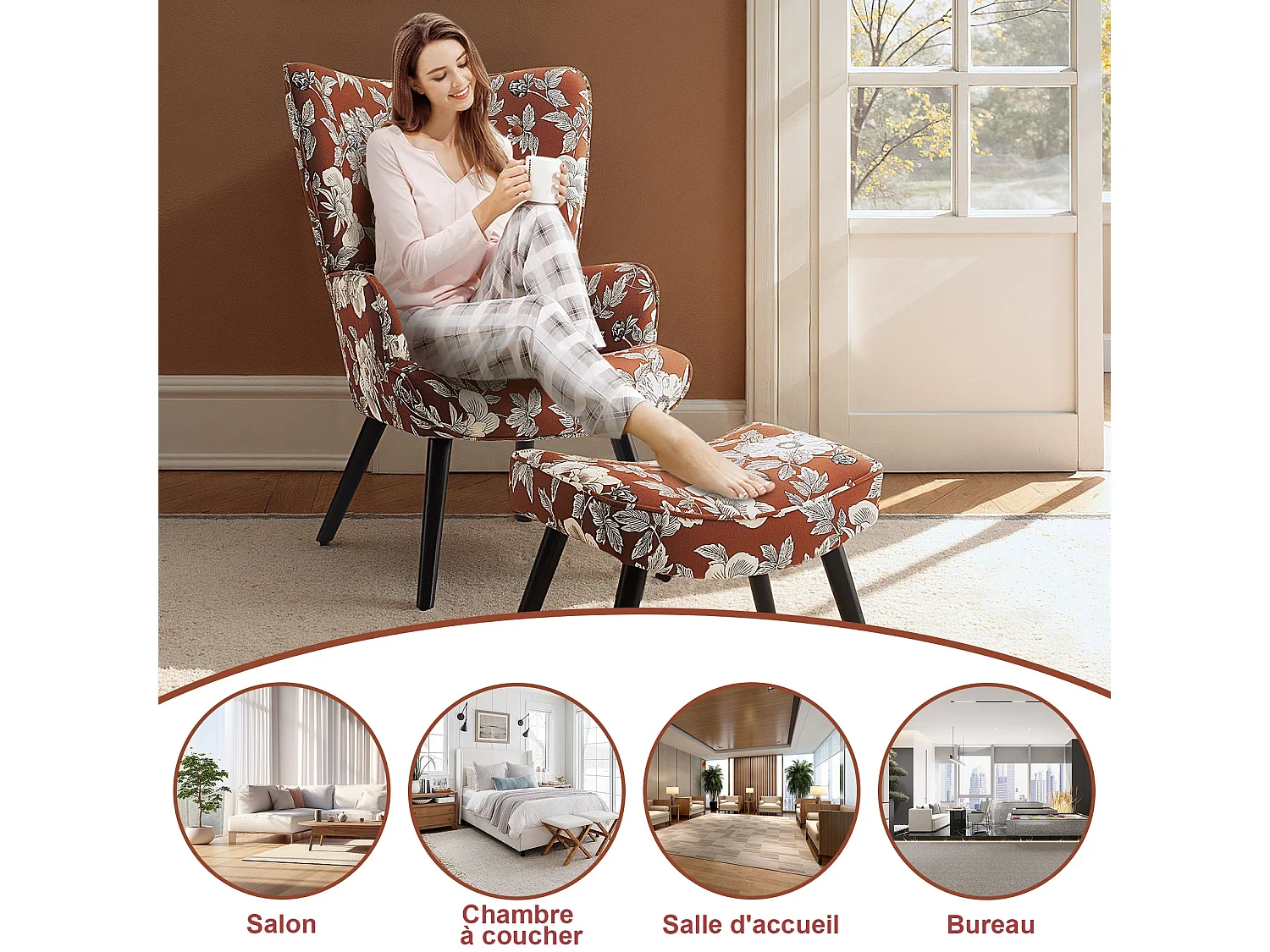 Fauteuil HomeMiYN avec Coussin et Tabouret - Chaise d'Angle Rustique pour le Salon