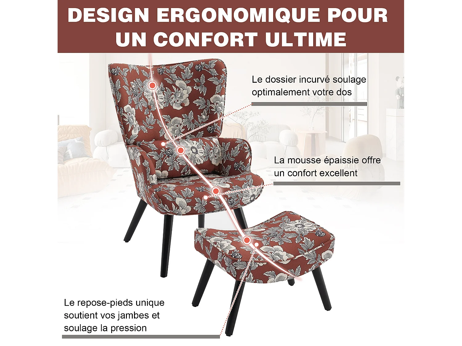 Fauteuil HomeMiYN avec Coussin et Tabouret - Chaise d'Angle Rustique pour le Salon