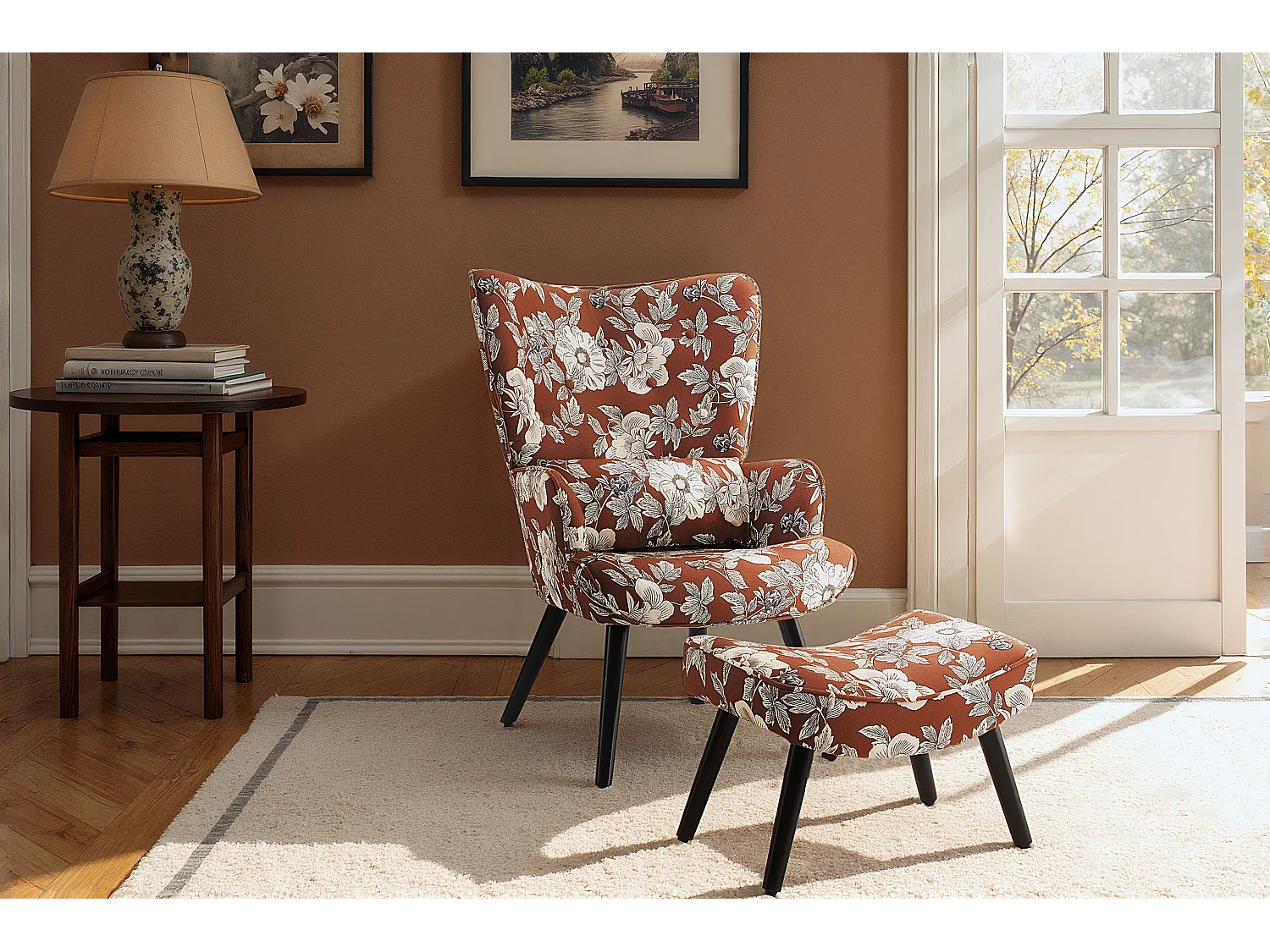 Fauteuil HomeMiYN avec Coussin et Tabouret - Chaise d'Angle Rustique pour le Salon