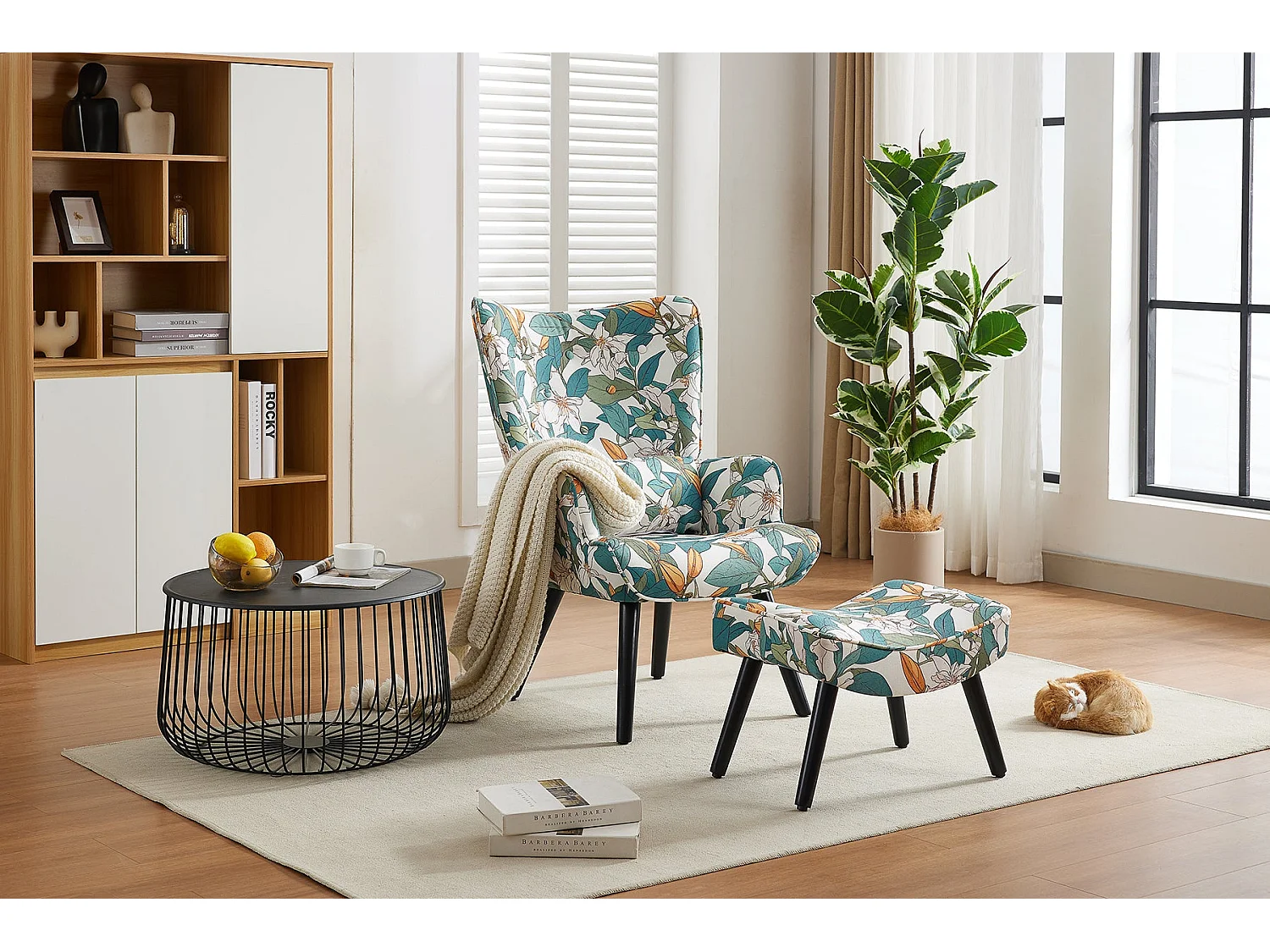 Fauteuil HomeMiYN avec Coussin et Tabouret - Chaise d'Angle Rustique pour le Salon