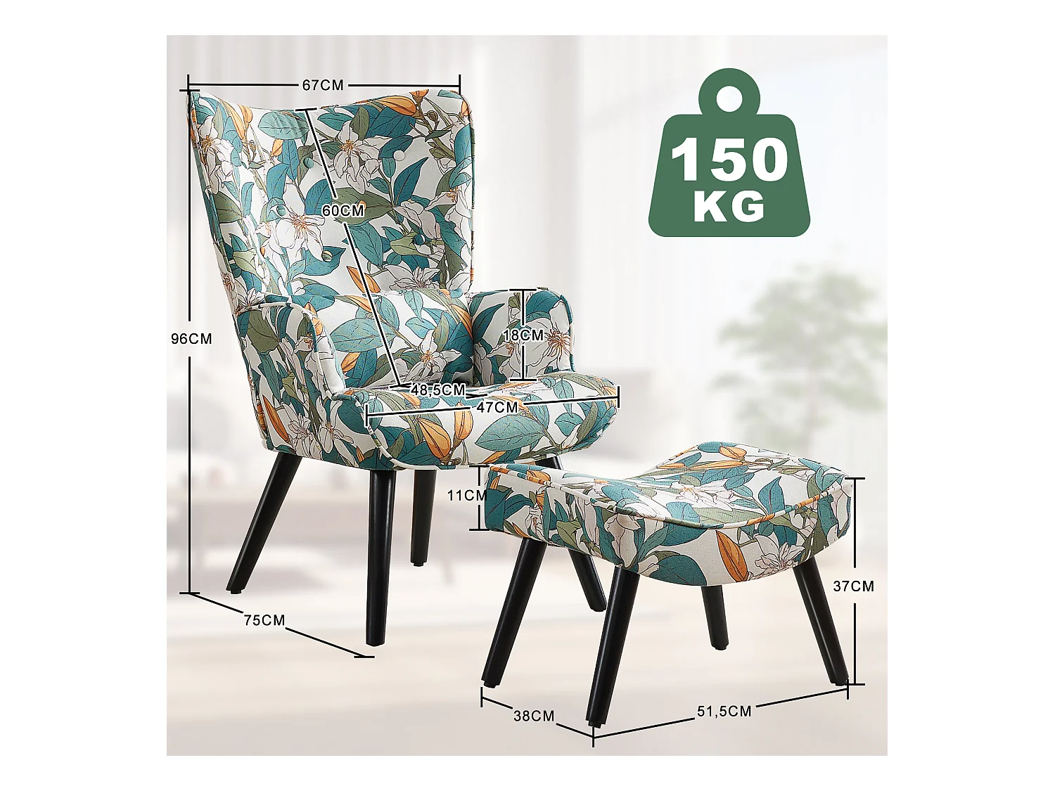 Fauteuil HomeMiYN avec Coussin et Tabouret - Chaise d'Angle Rustique pour le Salon