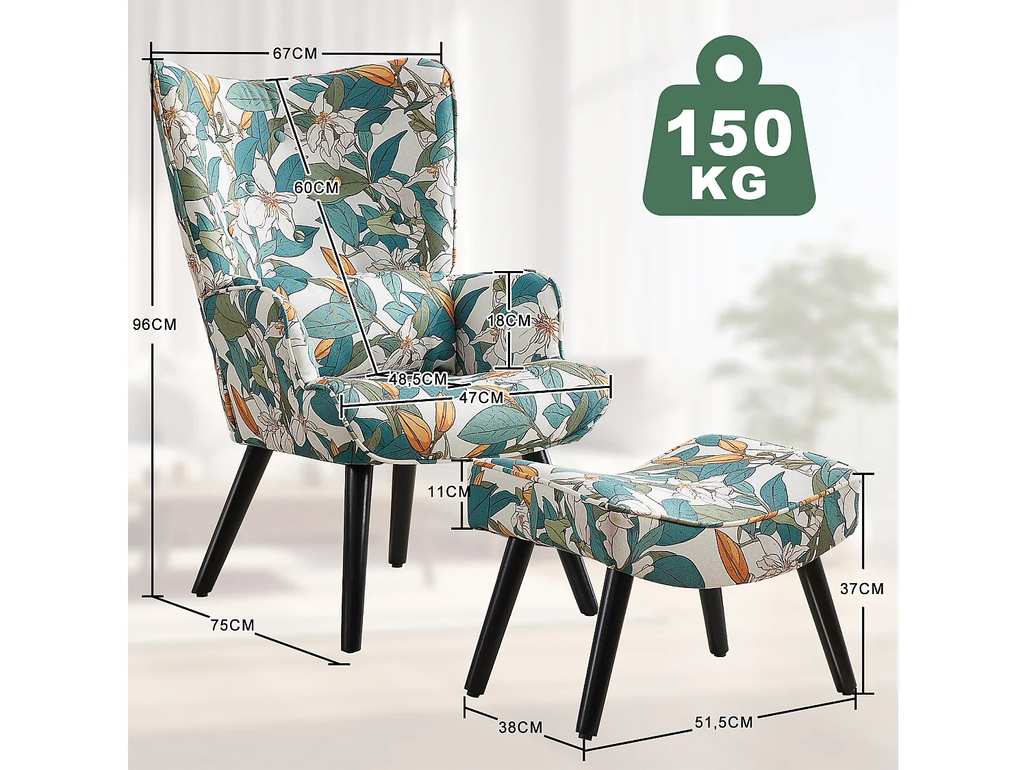 Fauteuil HomeMiYN avec Coussin et Tabouret - Chaise d'Angle Rustique pour le Salon