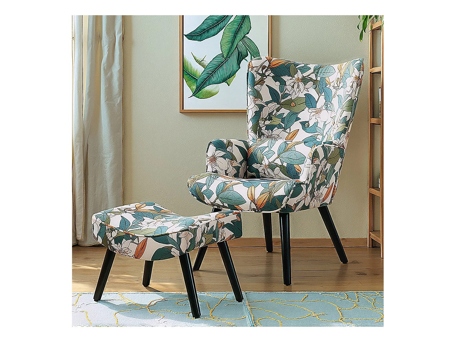 HomeMiYN Fauteuil met kussen en kruk - Rustieke hoekstoel voor de woonkamer