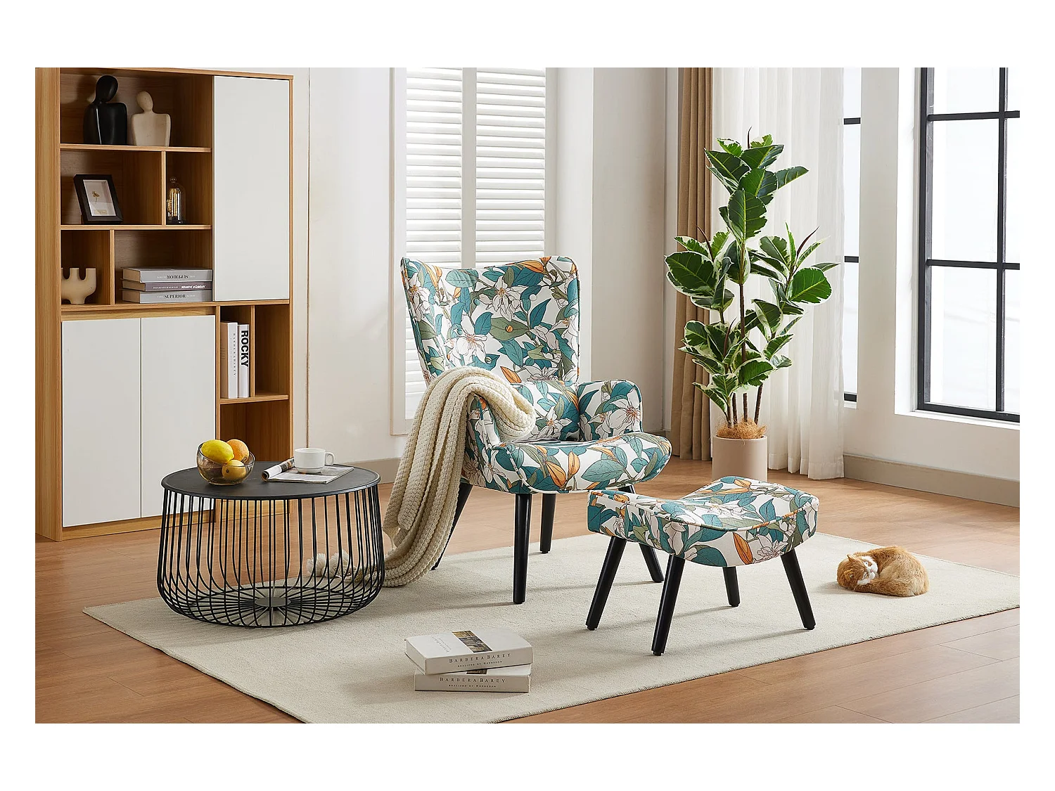 Fauteuil HomeMiYN avec Coussin et Tabouret - Chaise d'Angle Rustique pour le Salon