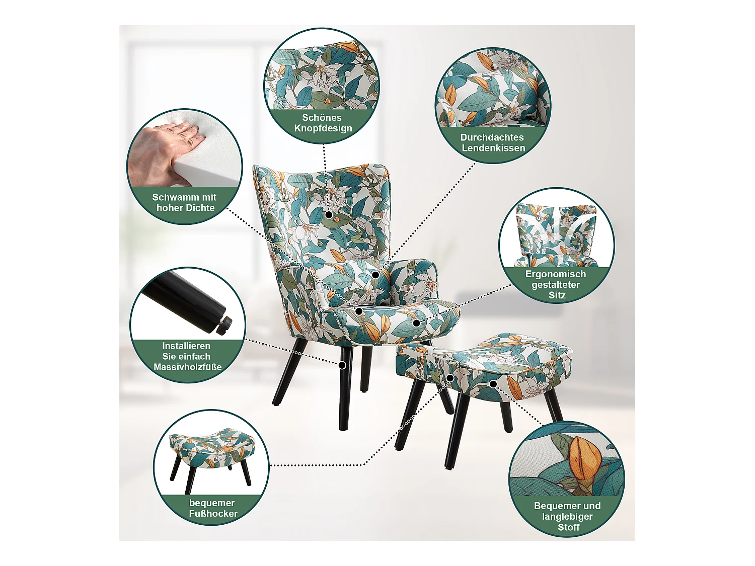 Fauteuil HomeMiYN avec Coussin et Tabouret - Chaise d'Angle Rustique pour le Salon