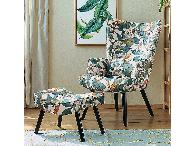 Fauteuil HomeMiYN avec Coussin et Tabouret - Chaise d'Angle Rustique pour le Salon