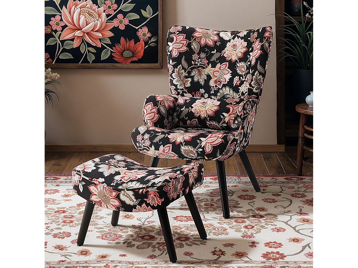 Fauteuil HomeMiYN avec Coussin et Tabouret - Chaise d'Angle Rustique pour le Salon