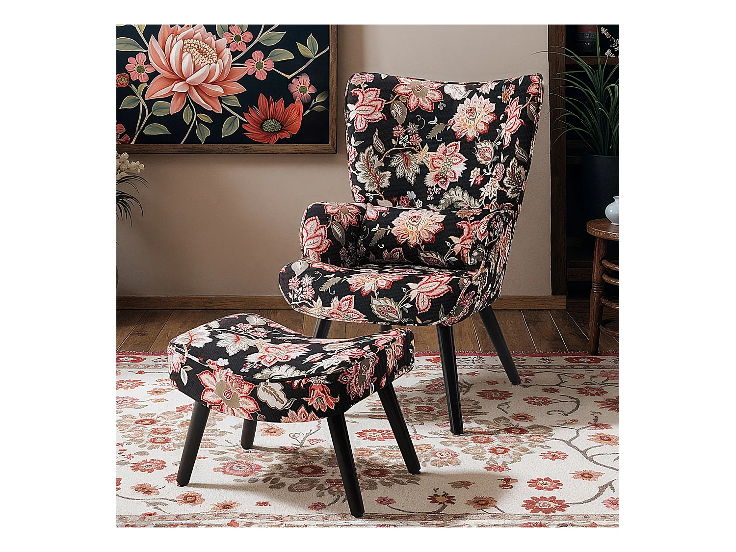 Fauteuil HomeMiYN avec Coussin et Tabouret - Chaise d'Angle Rustique pour le Salon