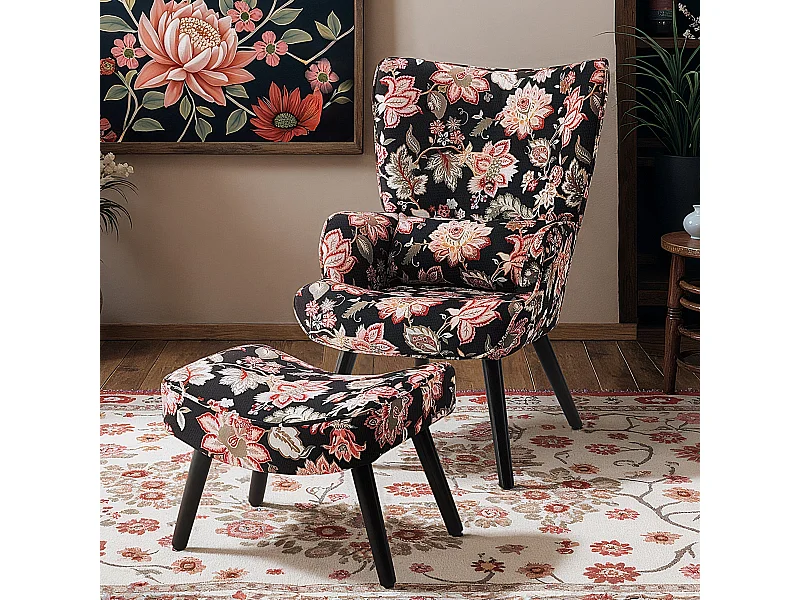 Fauteuil HomeMiYN avec Coussin et Tabouret - Chaise d'Angle Rustique pour le Salon