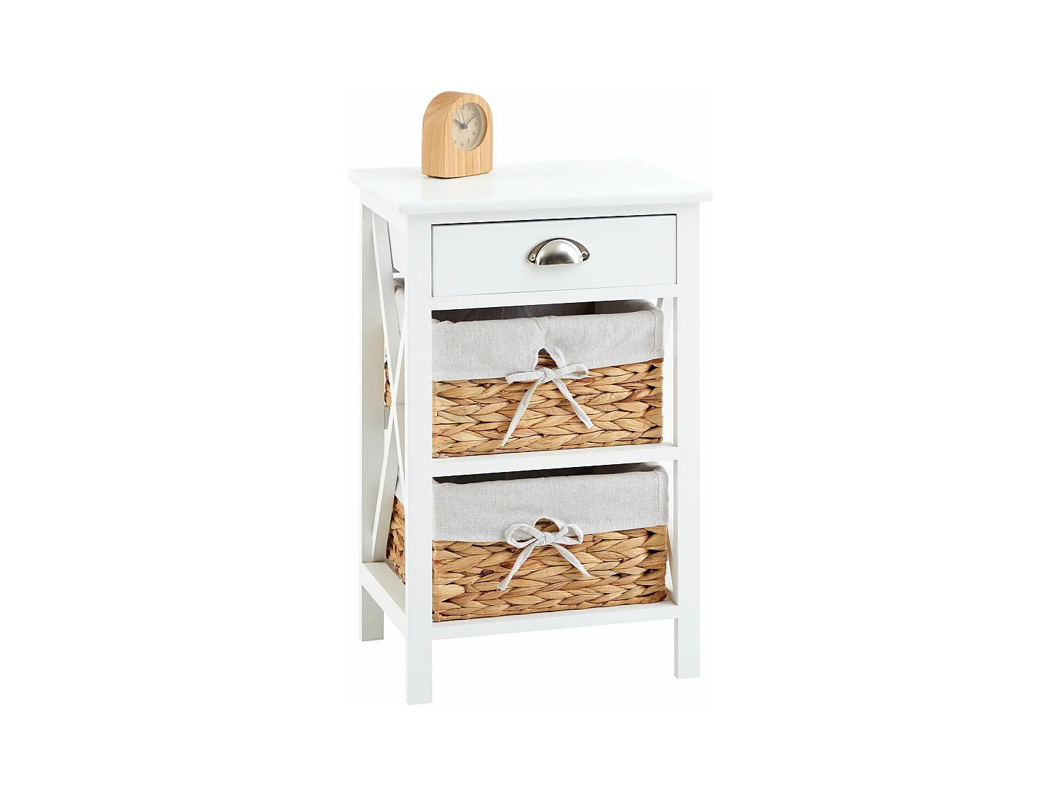 Table de chevet RAVEO table de nuit en bois lasuré blanc avec 1 tiroir et 2 paniers en fibre naturelle et insert en tissu blanc
