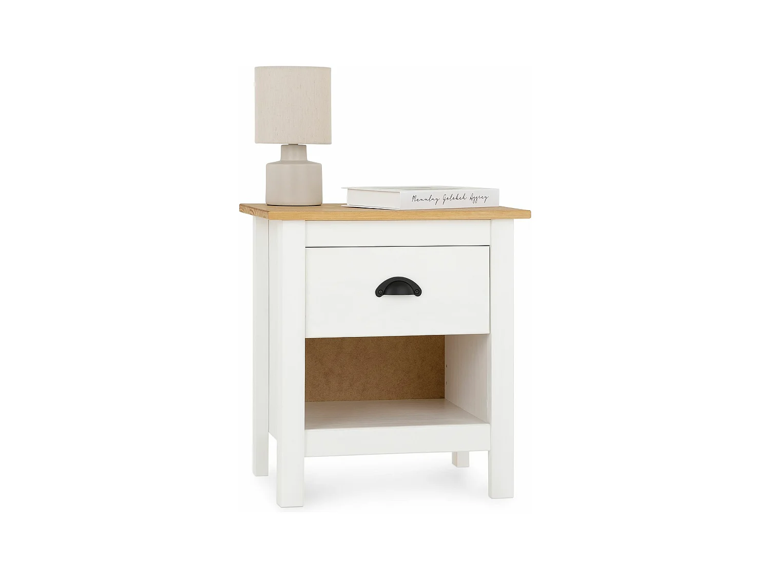 Table de chevet blanche TILLY H 50 cm en bois massif finition laquée avec 1 tiroir et 1 étagère table de nuit