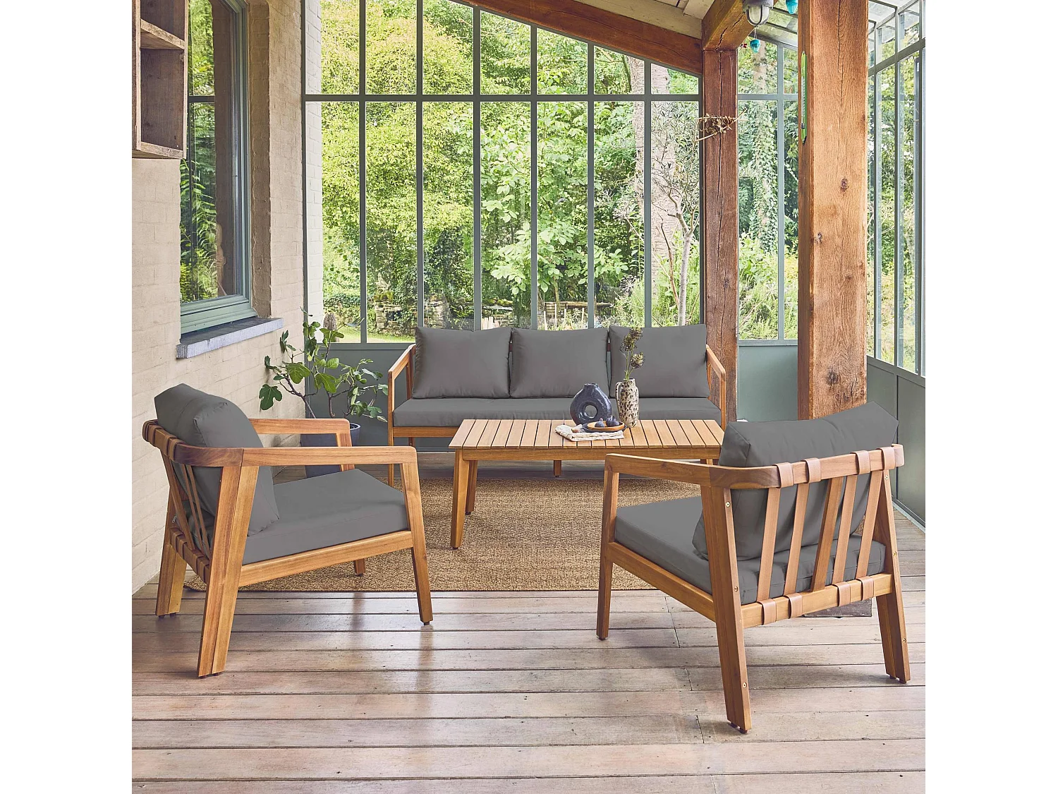 Salon de jardin gris 5 places bois d'acacia LOBERIA avec lanières effet cuir