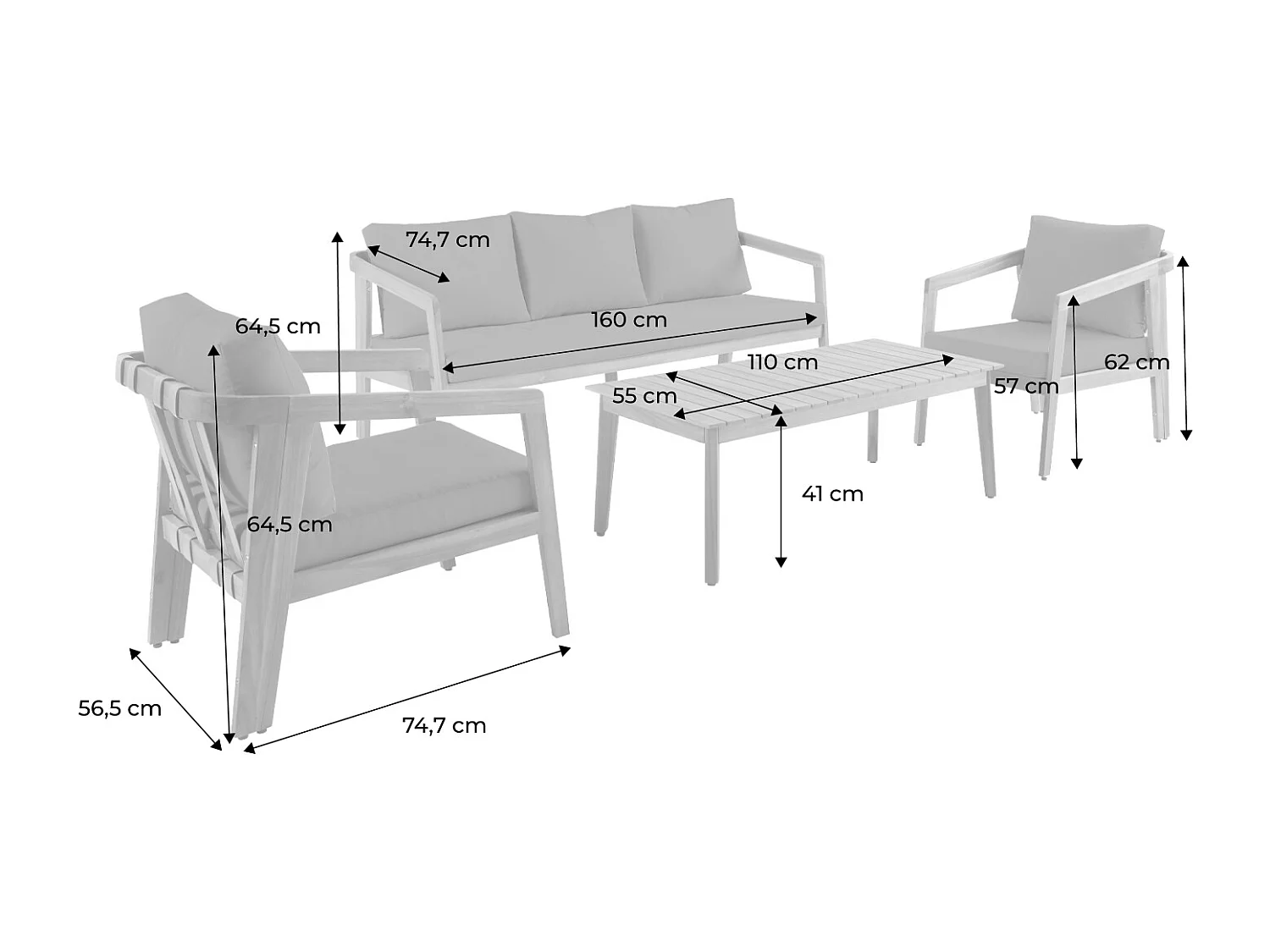 Salon de jardin gris 5 places bois d'acacia LOBERIA avec lanières effet cuir