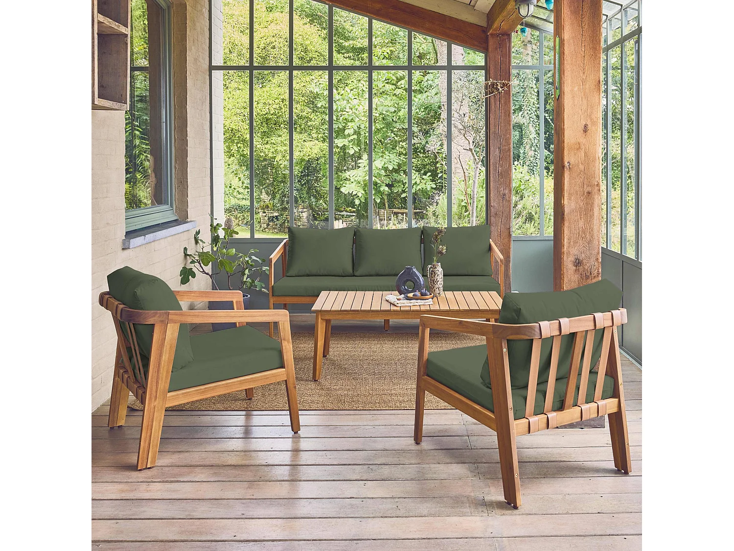 Salon de jardin kaki 5 places bois d'acacia LOBERIA avec lanières effet cuir