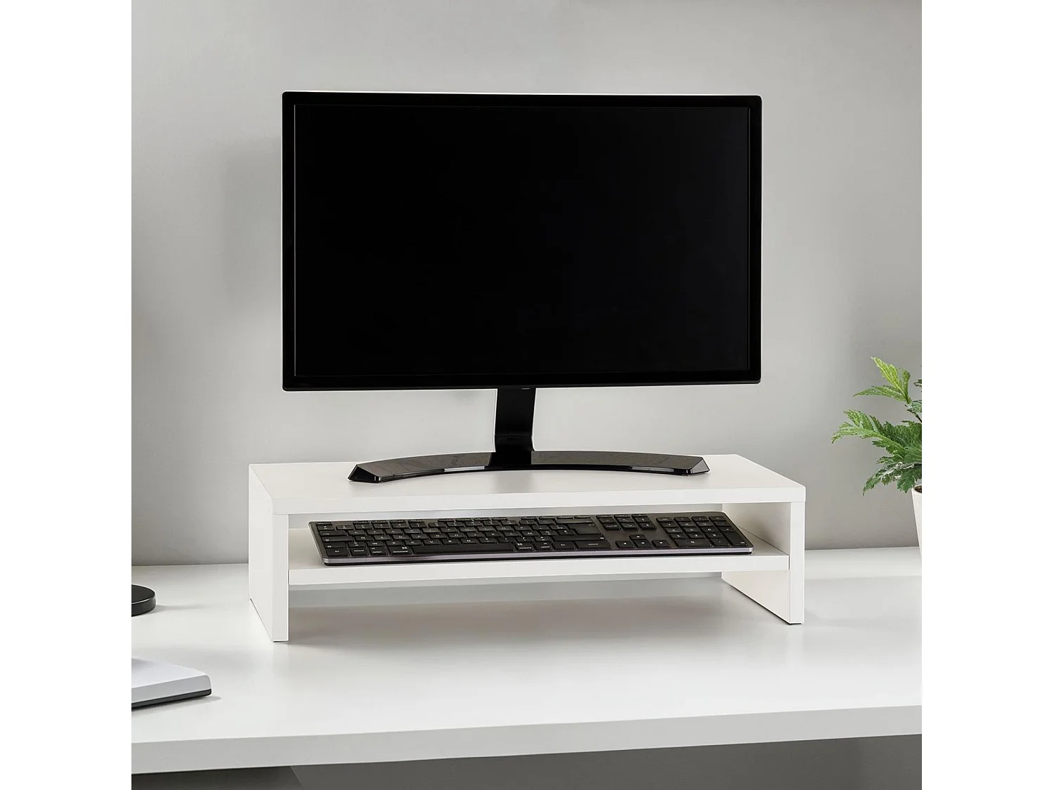 Réhausseur d’écran CONNECT en bois blanc avec 1 étagère 52 x 26 cm, support pratique pour ordinateur portable