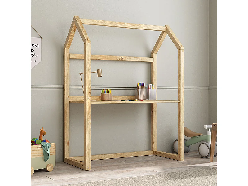 Bureau enfant évolutif TINA H 130 cm en bois massif coloris naturel en forme de maison de type Montessori