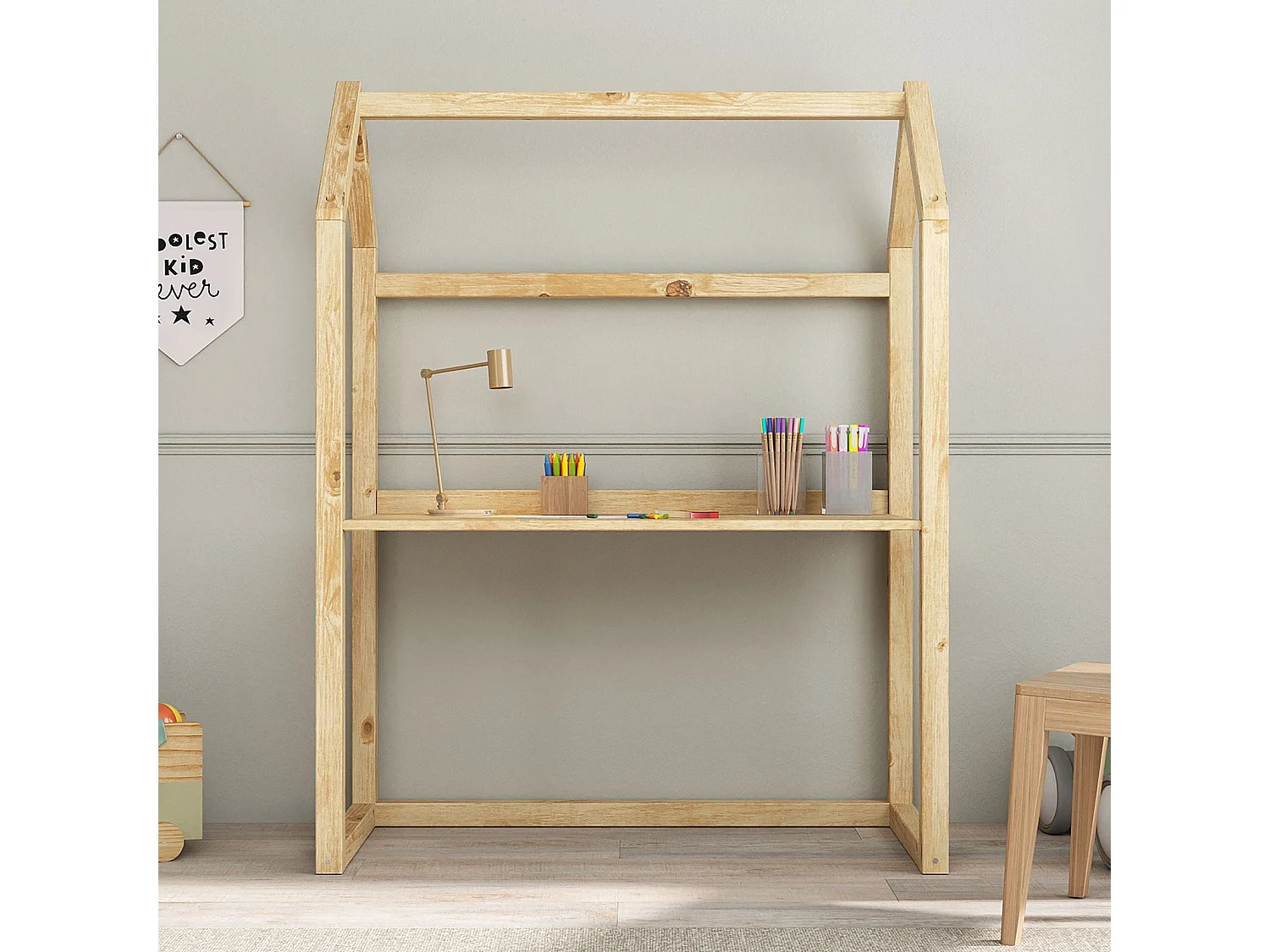 Bureau enfant évolutif TINA H 130 cm en bois massif coloris naturel en forme de maison de type Montessori