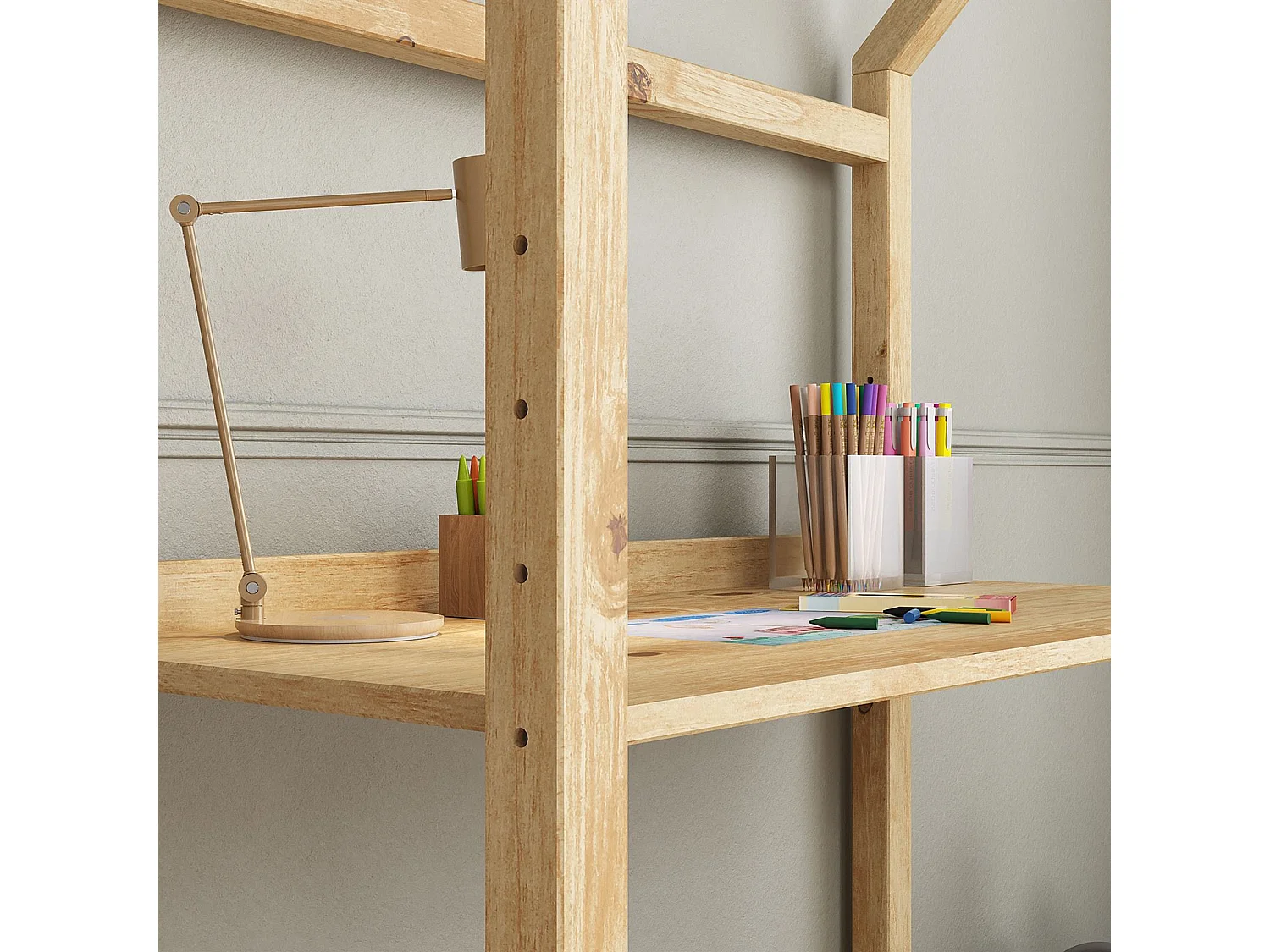 Bureau enfant évolutif TINA H 130 cm en bois massif coloris naturel en forme de maison de type Montessori