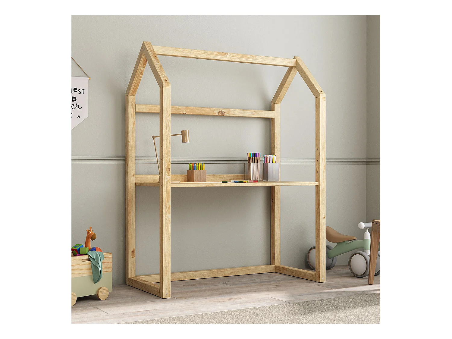 Bureau enfant évolutif TINA H 130 cm en bois massif coloris naturel en forme de maison de type Montessori